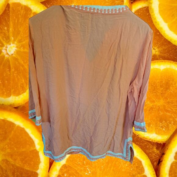 Kevia Peach and‎ White V Neck 3/4 Sleeve Blouse Size XL - Picture 4 of 6